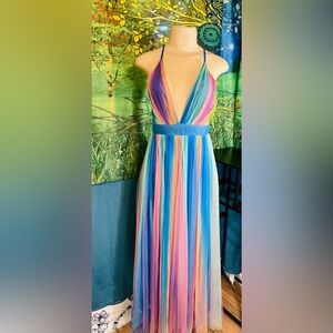 Luxxel Rainbow Striped Halter Mesh Layered Maxi Dress w 2 High Splits